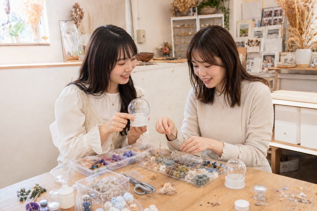 二人でスノードーム作りをする様子