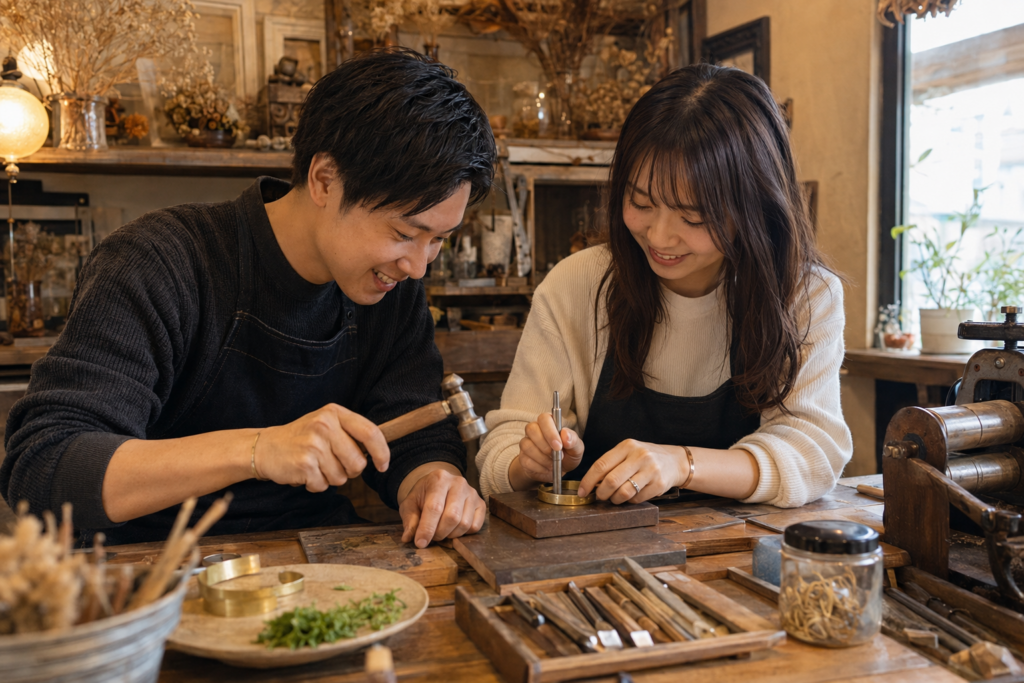 二人でバングル作りをする様子