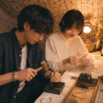 二人とも夢中で手を動かしている制作風景.