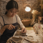 最後の仕上げをして、作品が完成へ近づく手元.
