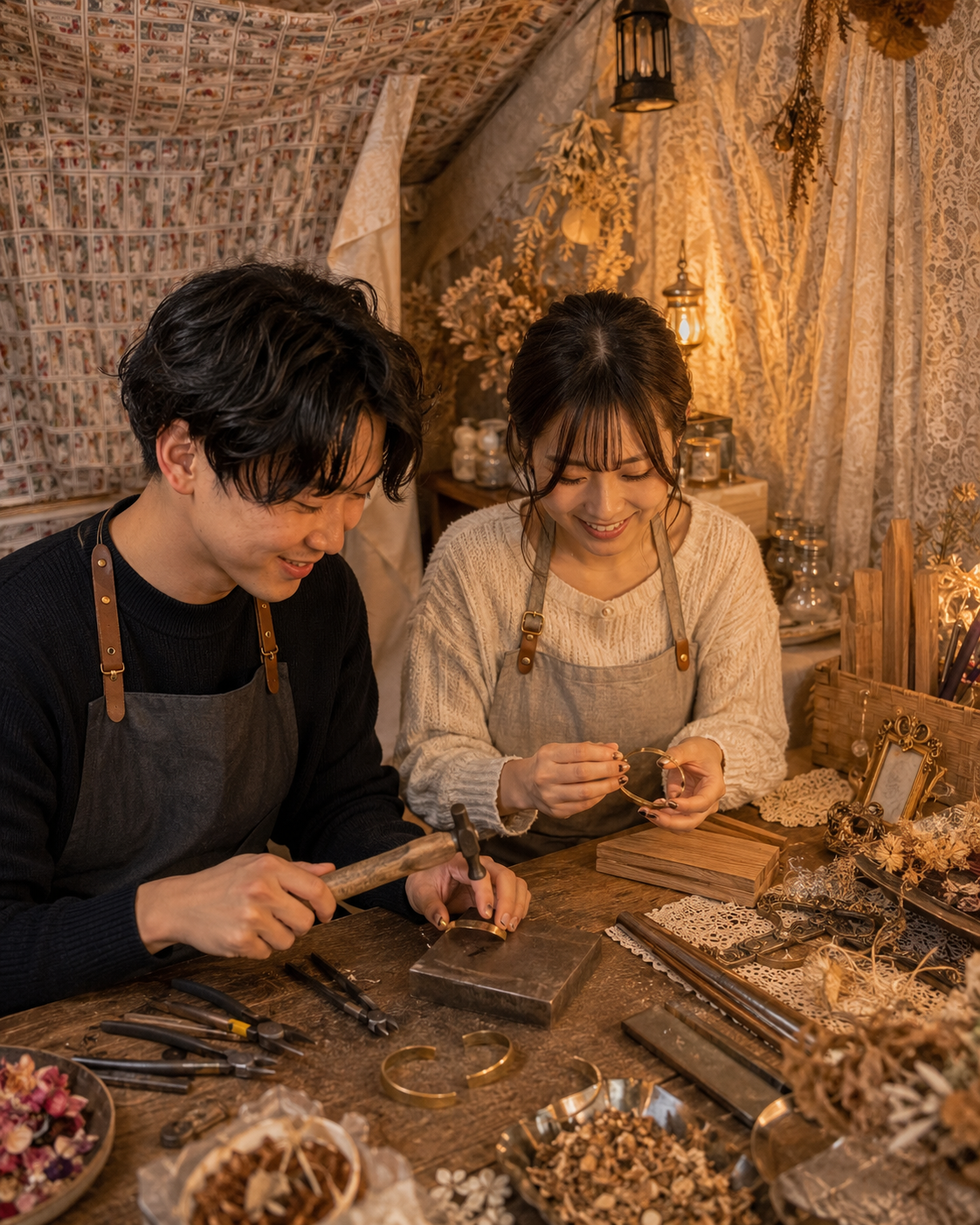池袋のアクセサリーワークショップで真鍮バングルを作るカップル
