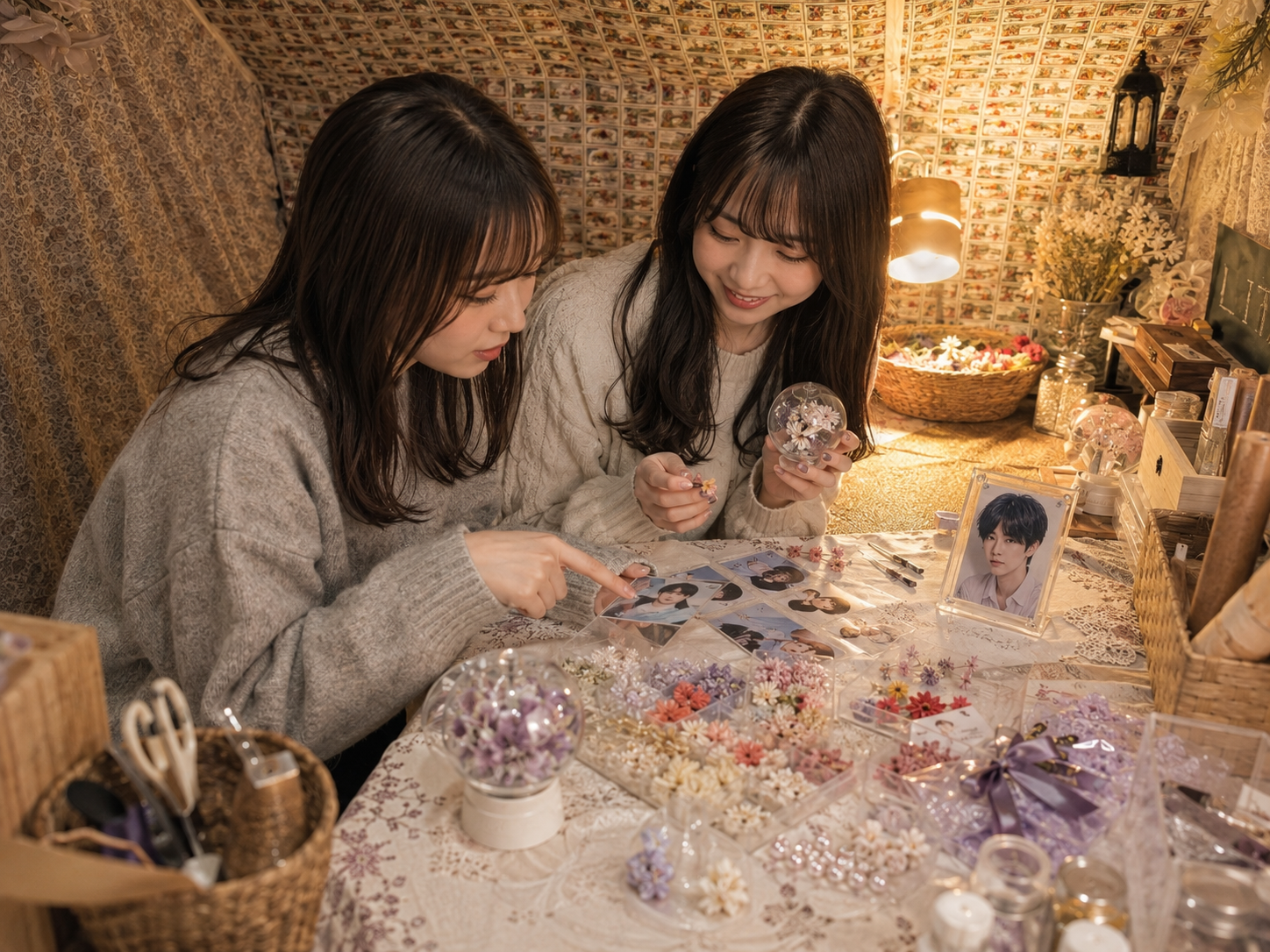 東京のLITA池袋店で友達と推しの写真や花を選びながらスノードームを手作りする様子