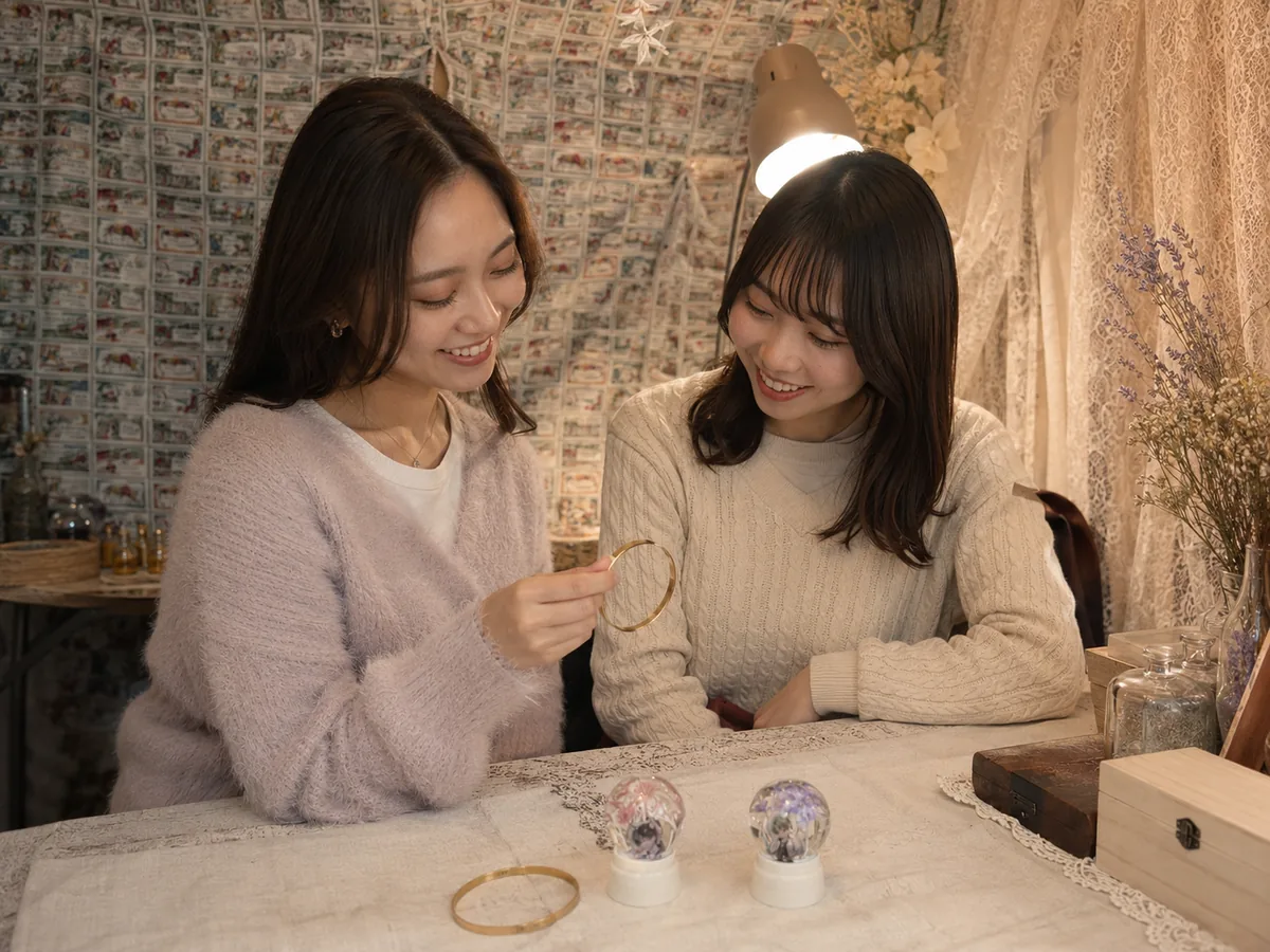 完成した真鍮バングルとスノードームを見せ合う久しぶりに再会した友達二人