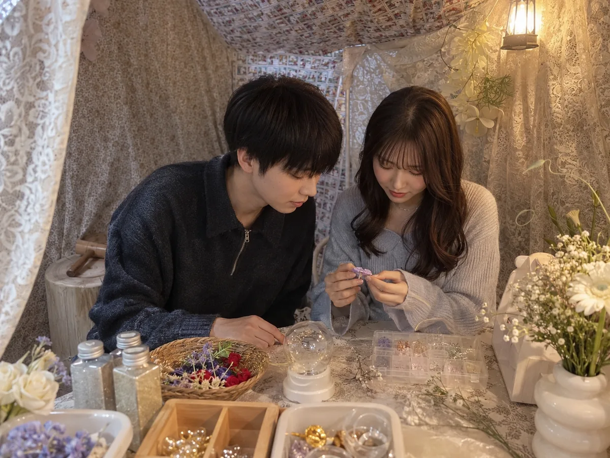 池袋で付き合いたてのカップルが花材を相談しながらスノードームを作る様子