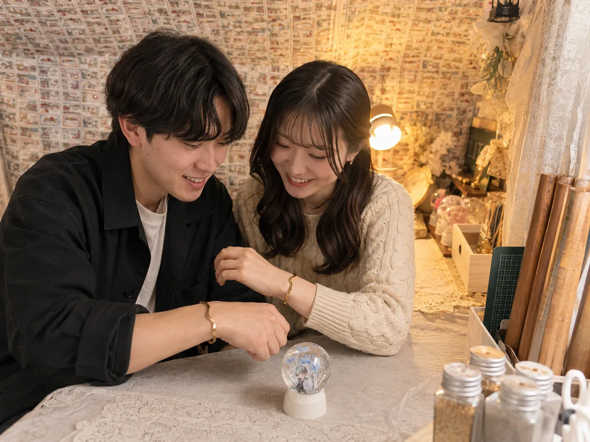 池袋で付き合いたてのカップルが真鍮バングル作りを楽しむ様子
