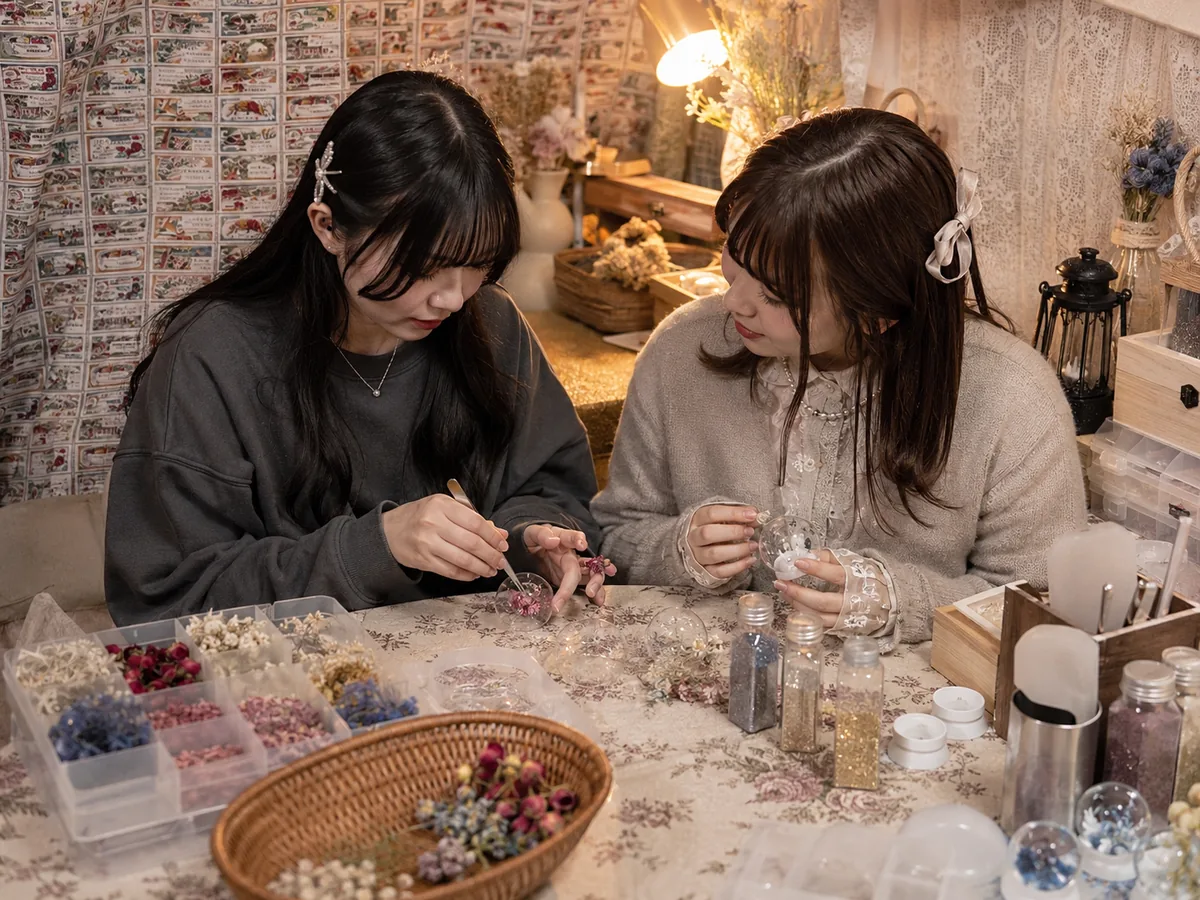 池袋で大学生の女性二人が花やラメを選びながらスノードームを作る様子