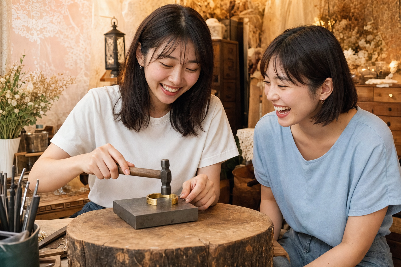 東京の夏休みに友達と真鍮バングルを作るワークショップ