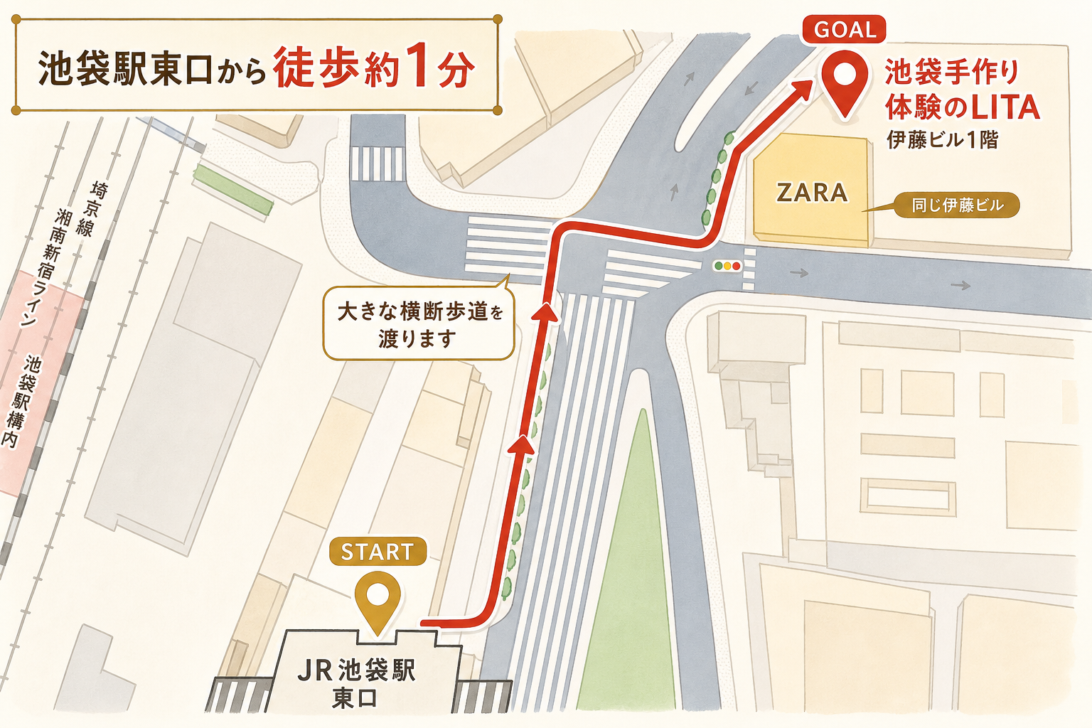JR池袋駅東口から池袋手作り体験のLITAまでの徒歩ルート