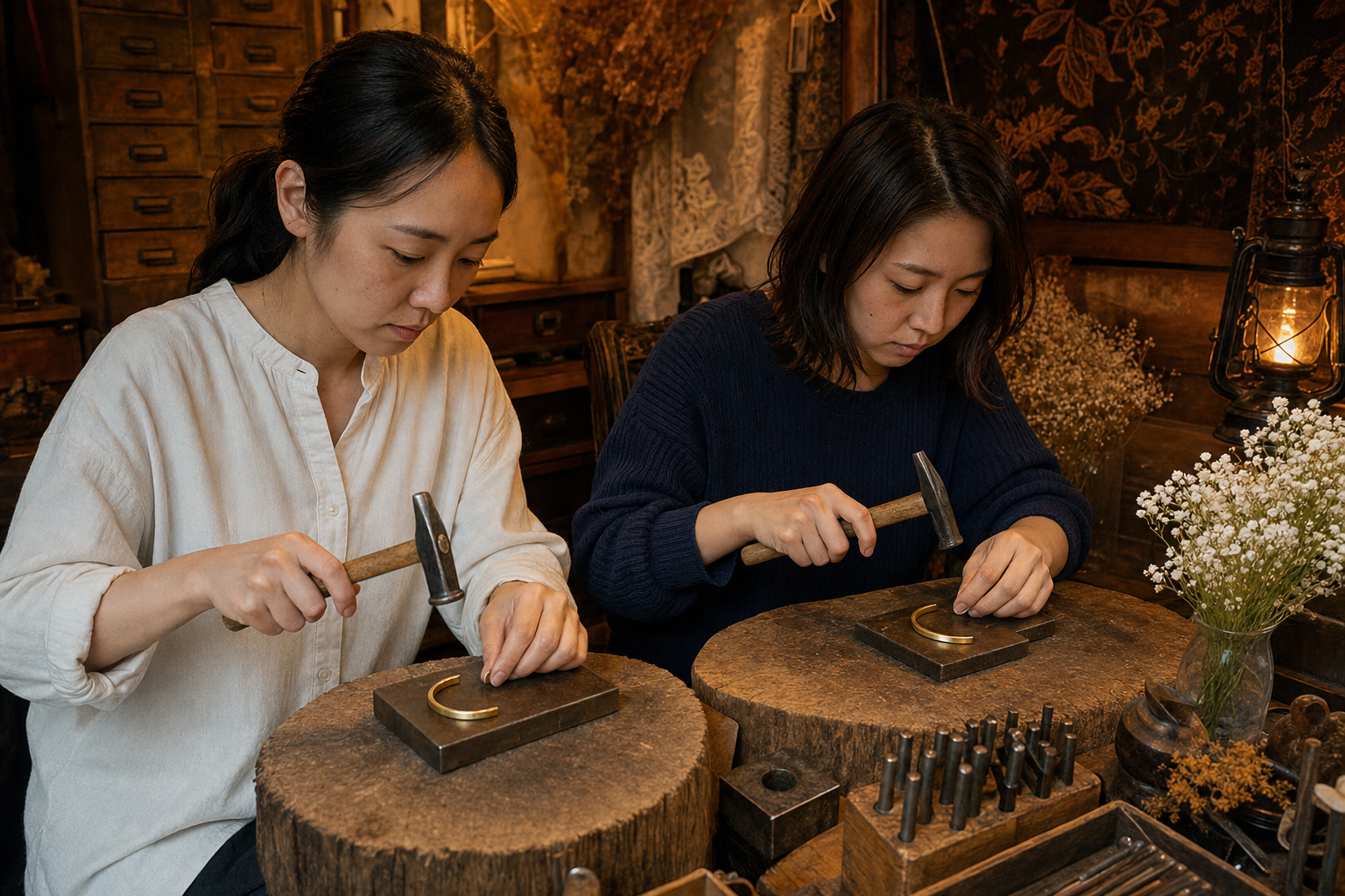 東京の大人向けワークショップで真鍮バングル作りに夢中になる友達