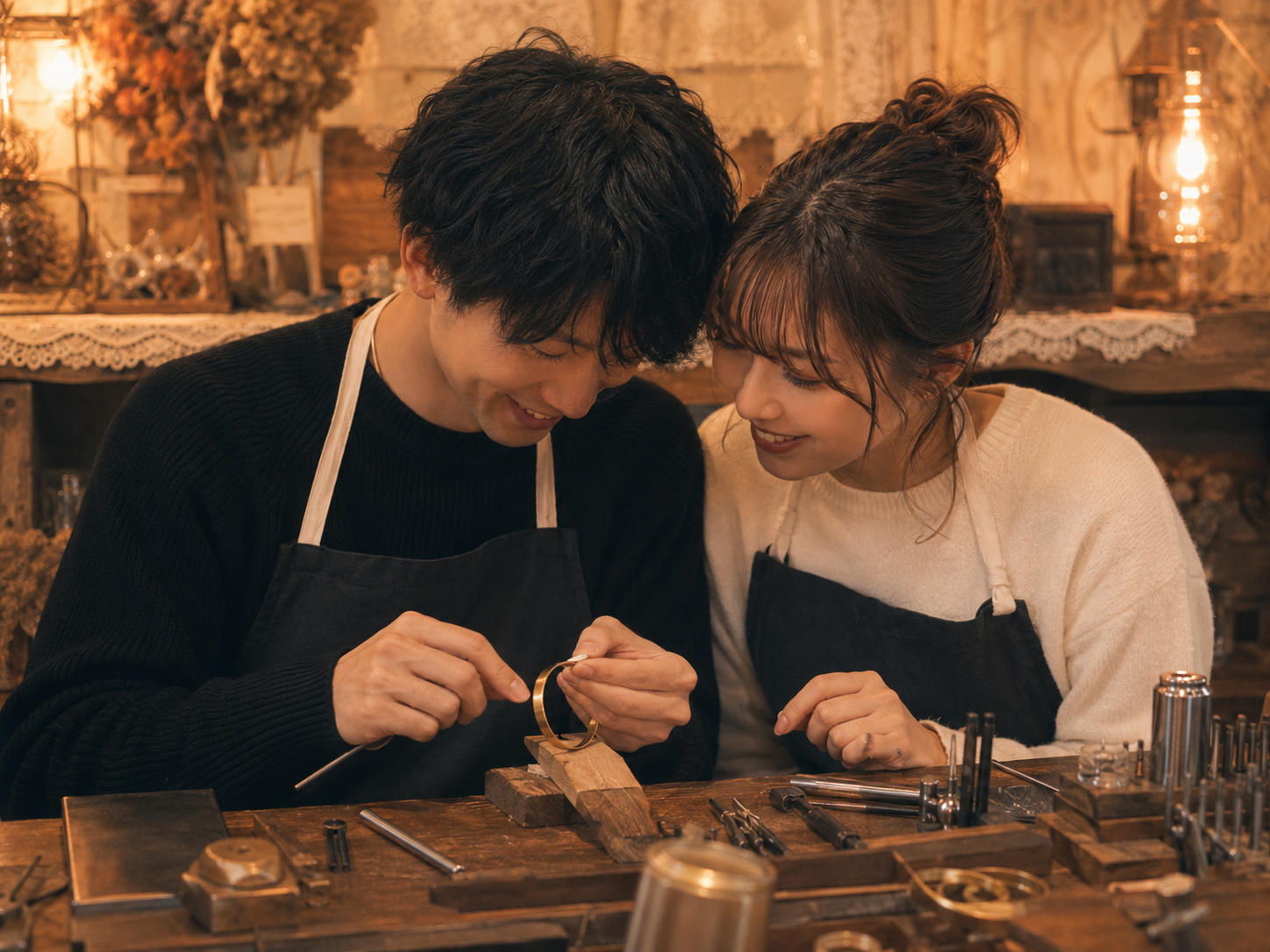 同じ机を囲んで、手元をのぞき込みながら一緒に作る瞬間