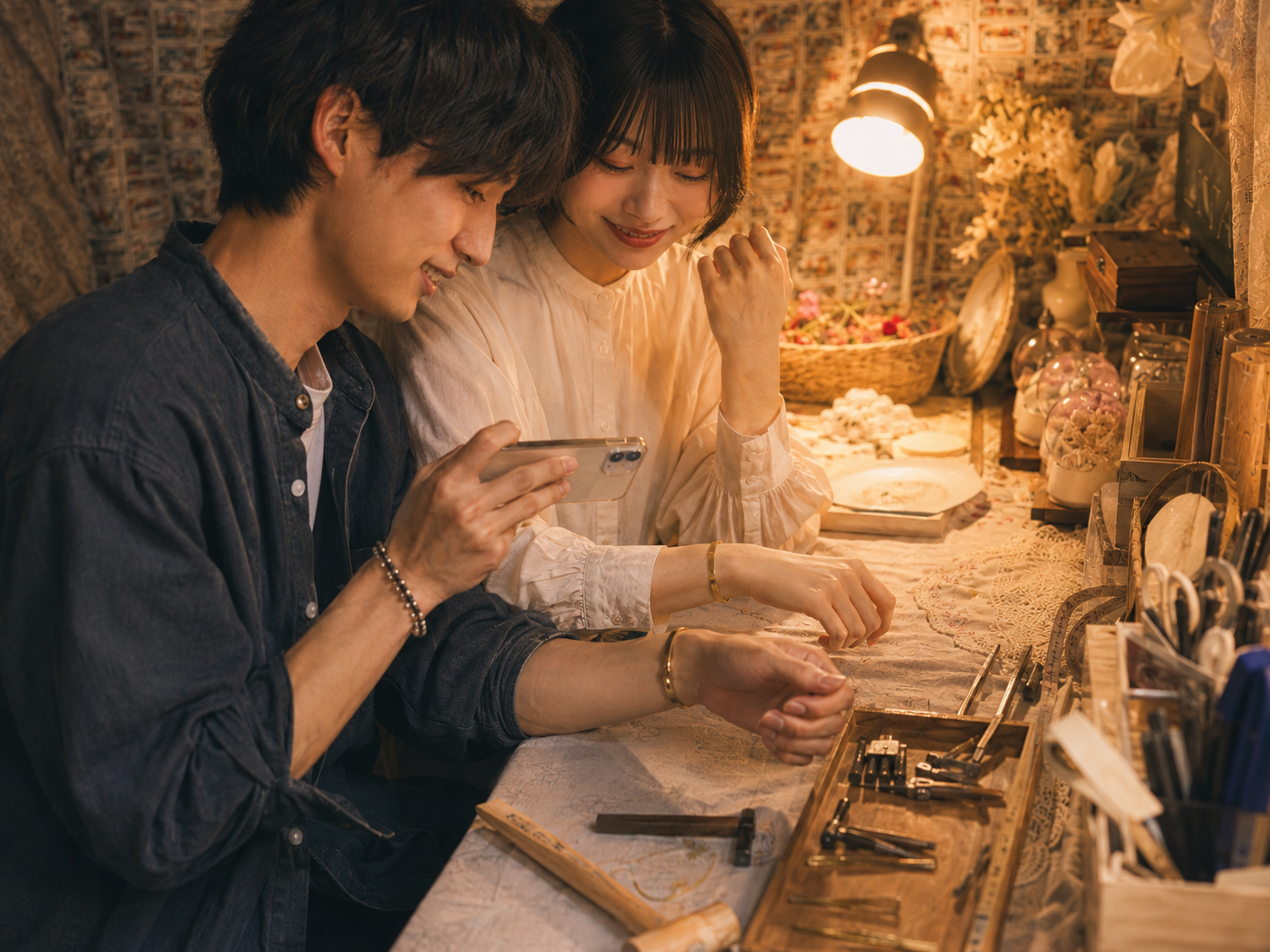 完成した真鍮バングルを腕につけて写真を撮る二人