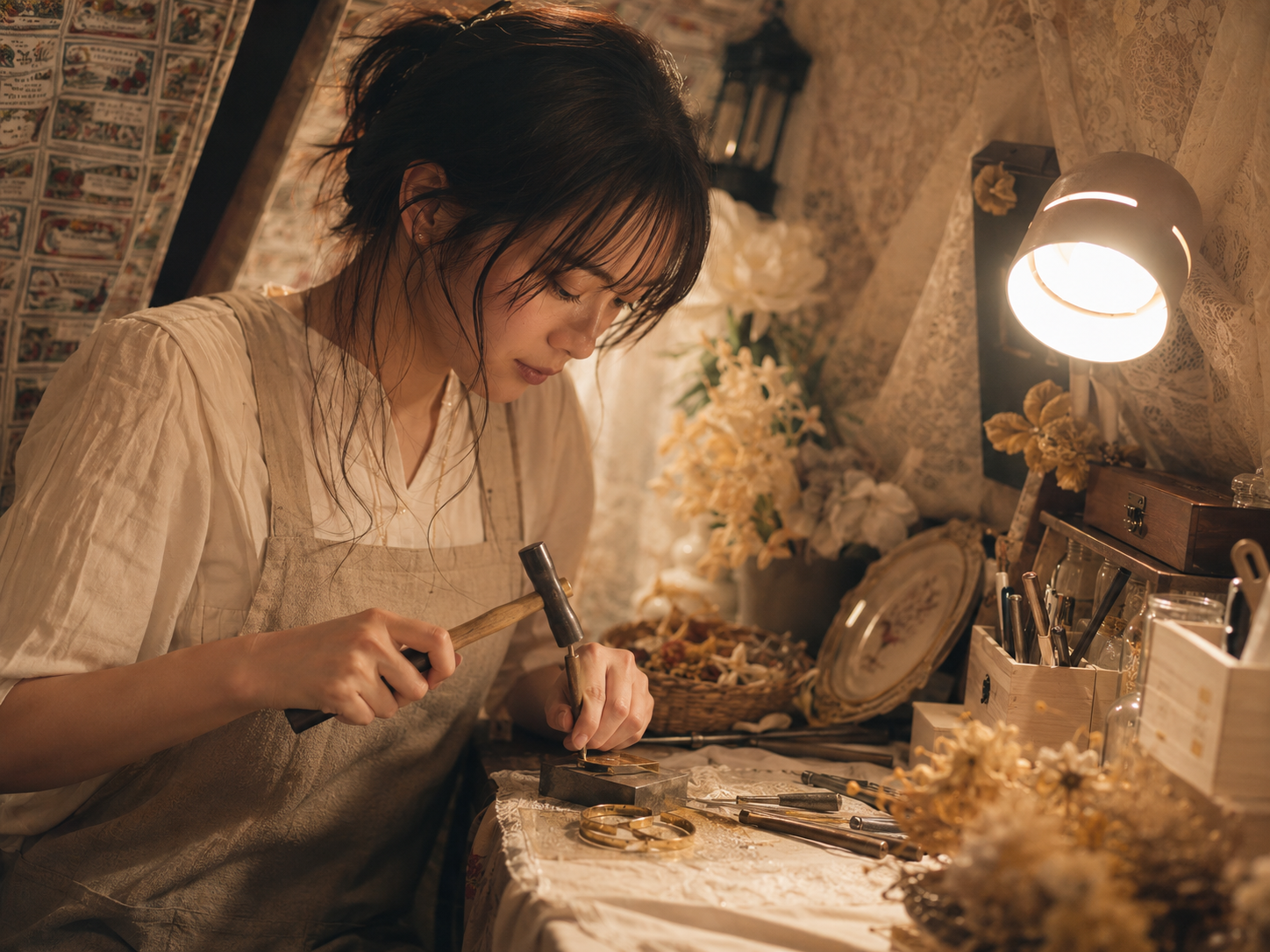 東京・池袋のアトリエで大切な人への真鍮ブレスレットを手作りする女性