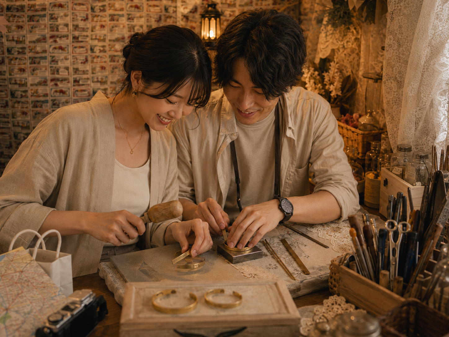 池袋観光中に真鍮バングル作りへ夢中になる二人