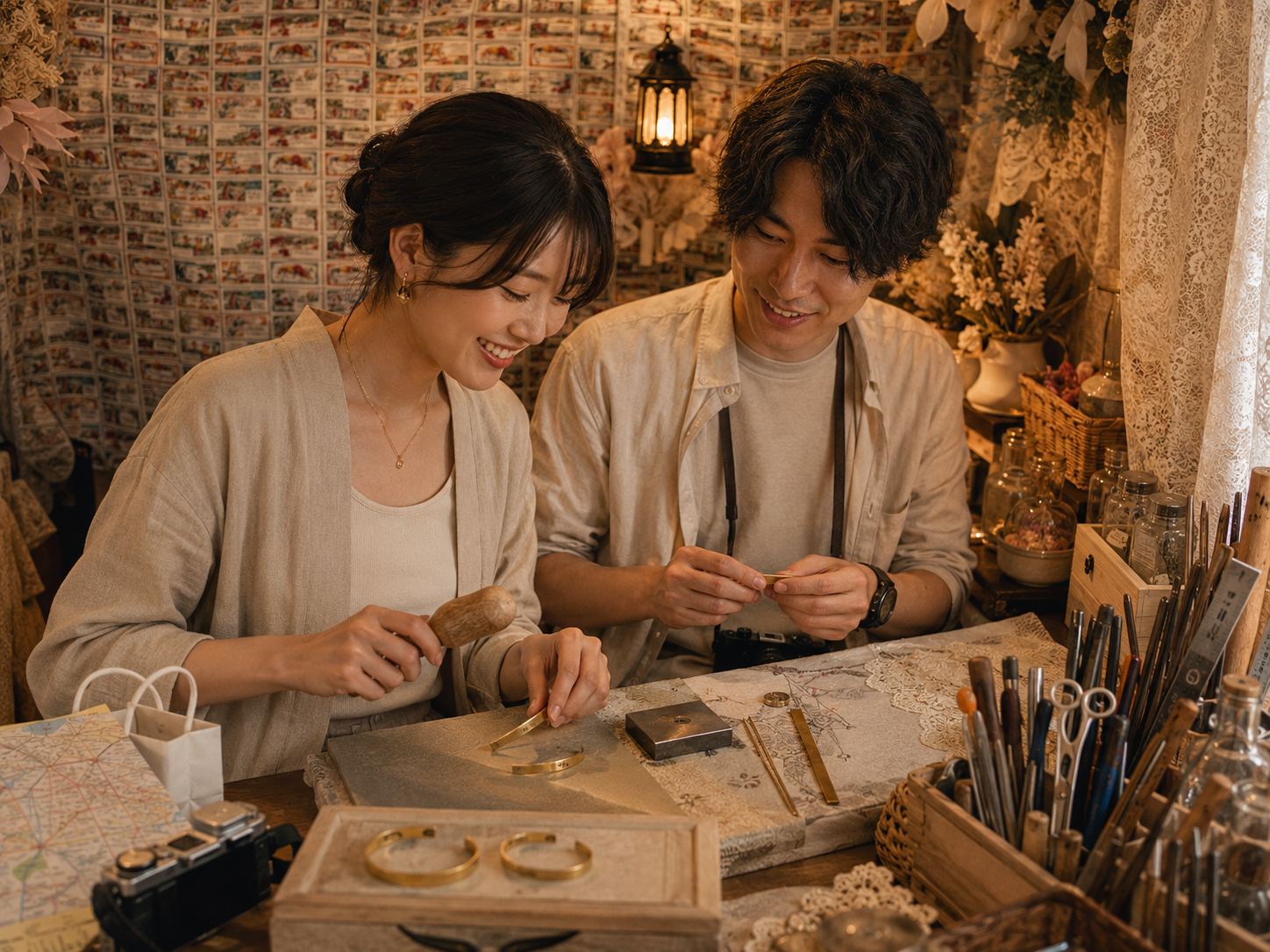 池袋観光の途中に池袋手作り体験のLITAで真鍮バングルを作る二人