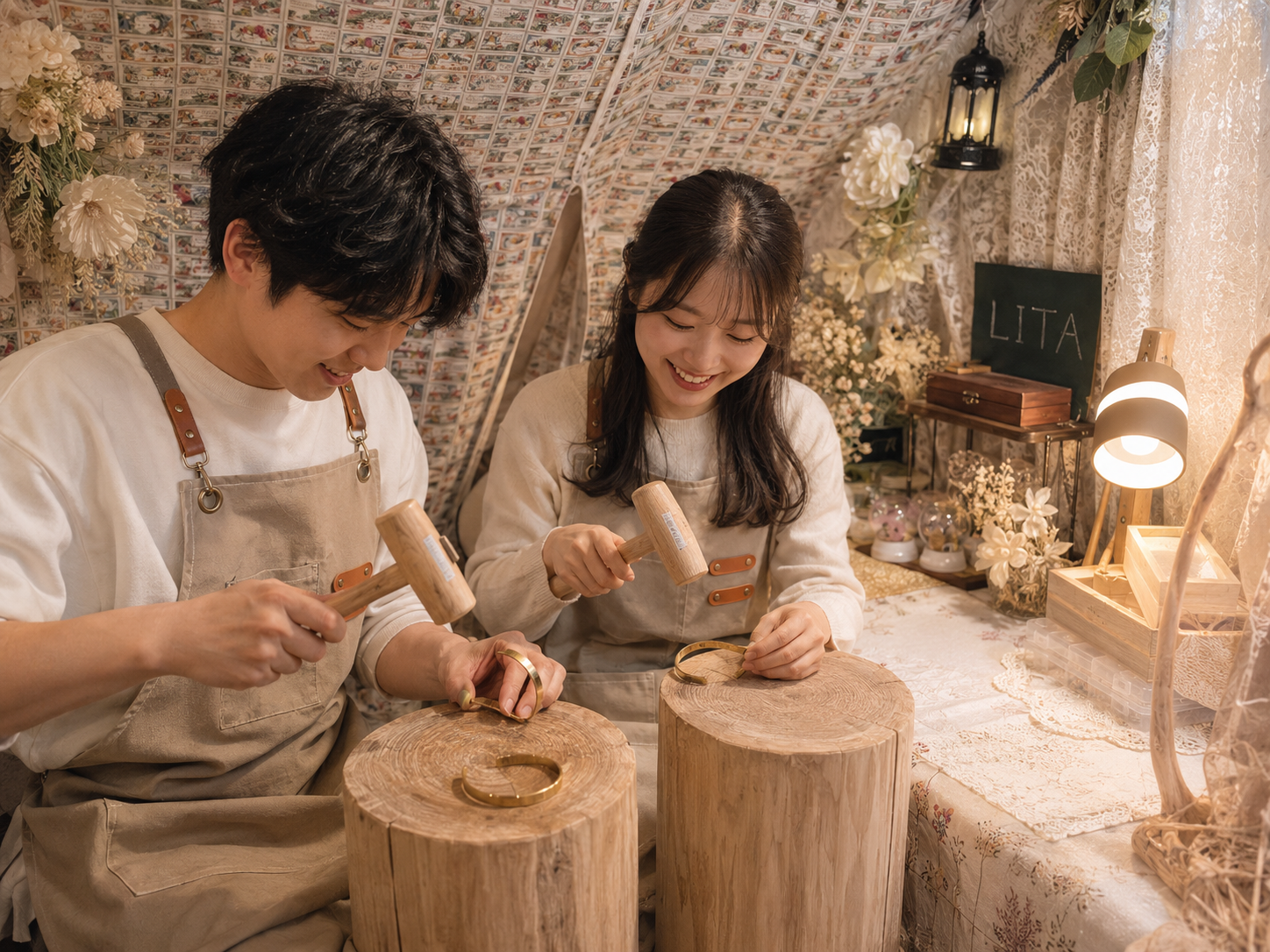 東京・池袋で二人が真鍮バングルを作るものづくり体験