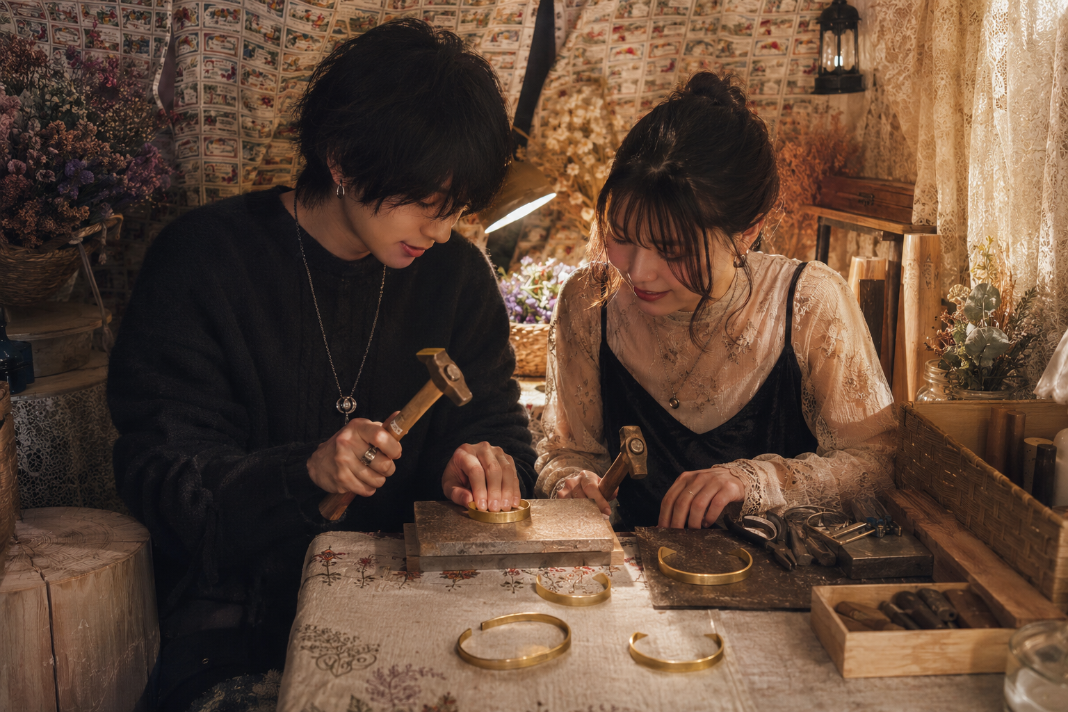 池袋LITAのアトリエで二人が真鍮バングルを手作りする様子