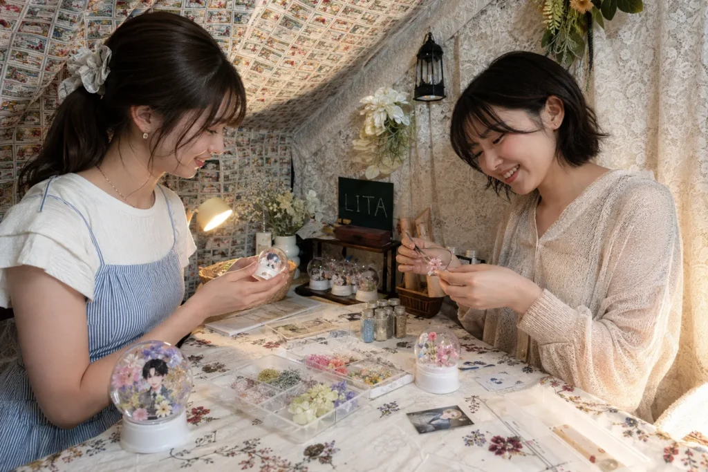 山手線沿線の推し活で池袋LITAのスノードーム作りを楽しむ友達二人