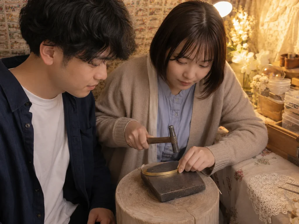 池袋のLITAで金槌を使い金色の真鍮バングルを制作するカップル