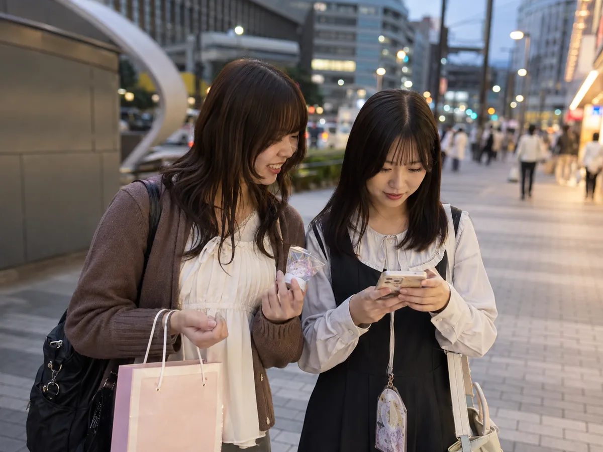 池袋東口で推しグッズを持ちながらオタク観光を楽しむ女性二人