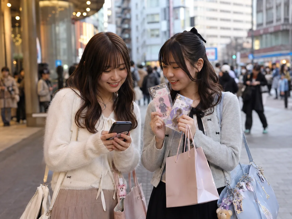池袋で友達と推しグッズ巡りを楽しみながら次の場所を調べる女性二人