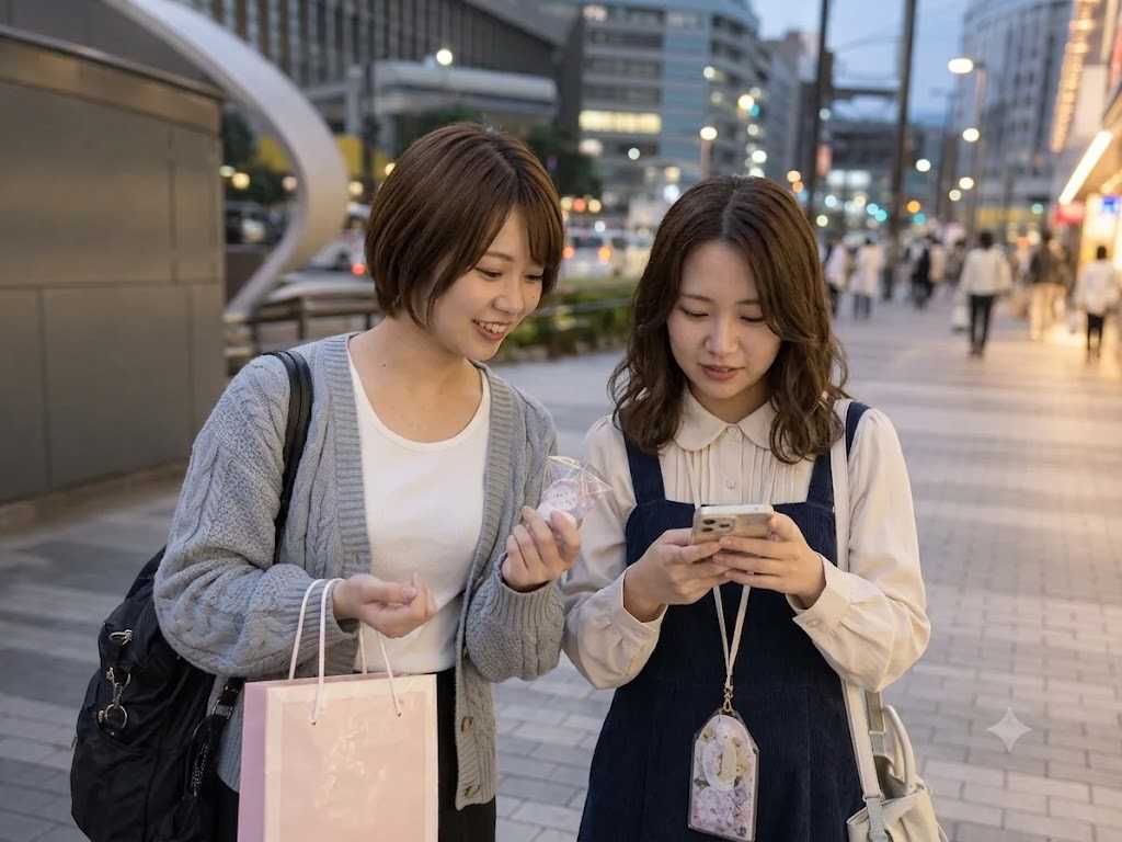 池袋の推し活定番ルートをスマートフォンで確認する女性二人