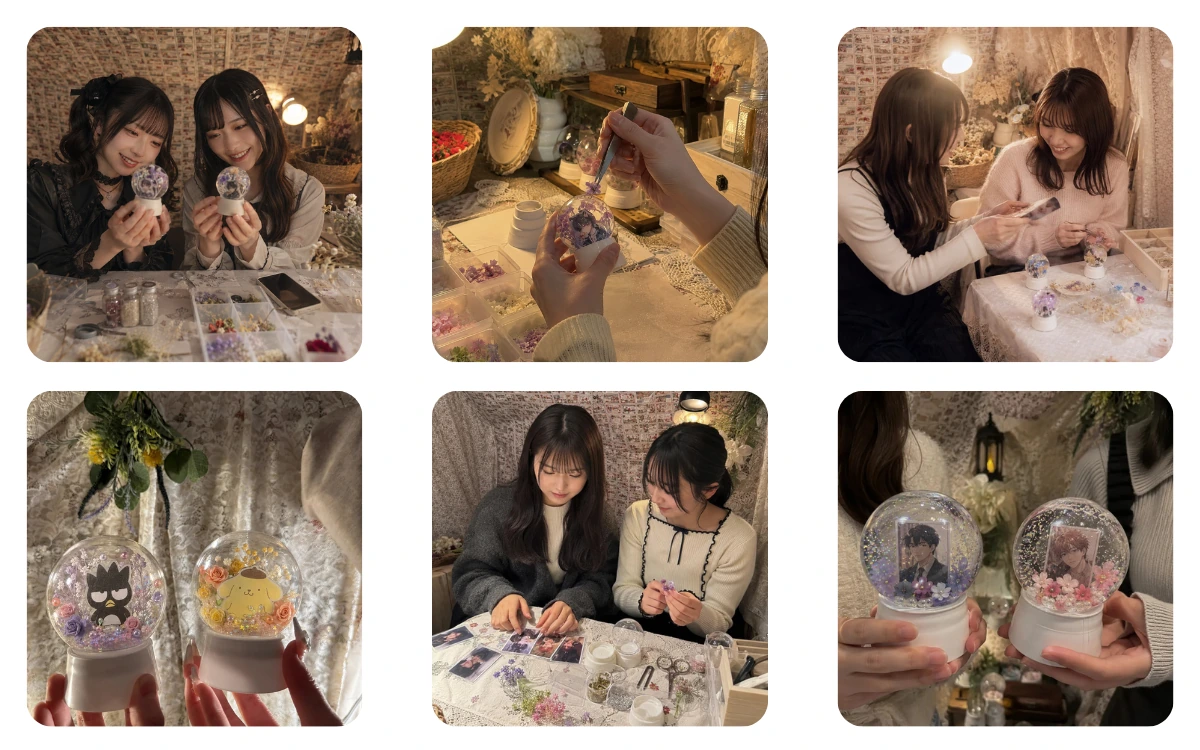 池袋手作り体験のLITAで写真や花材、ラメを選んで推し活スノードームを作る様子
