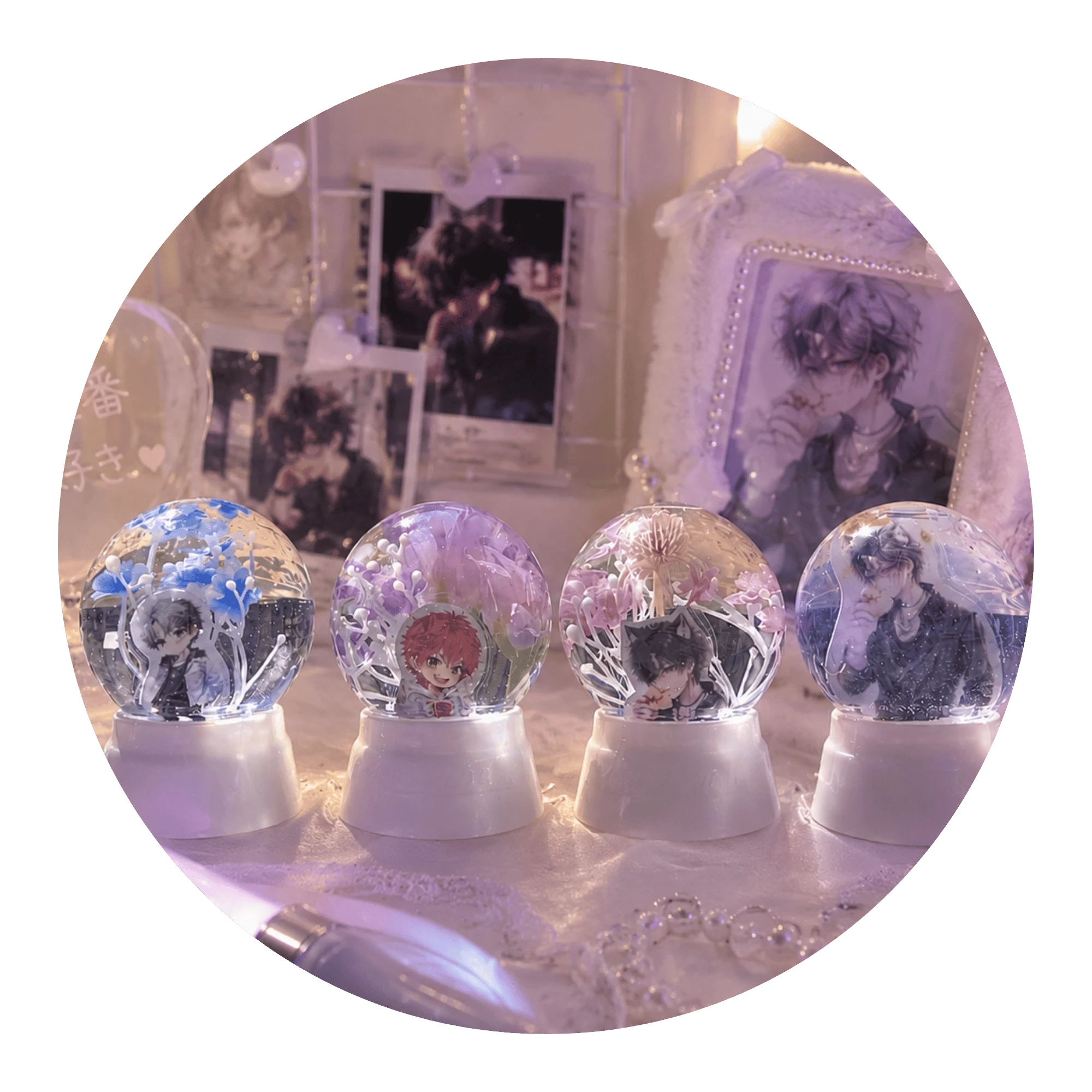 推しの写真と花を組み合わせた4個の推し活スノードーム完成品