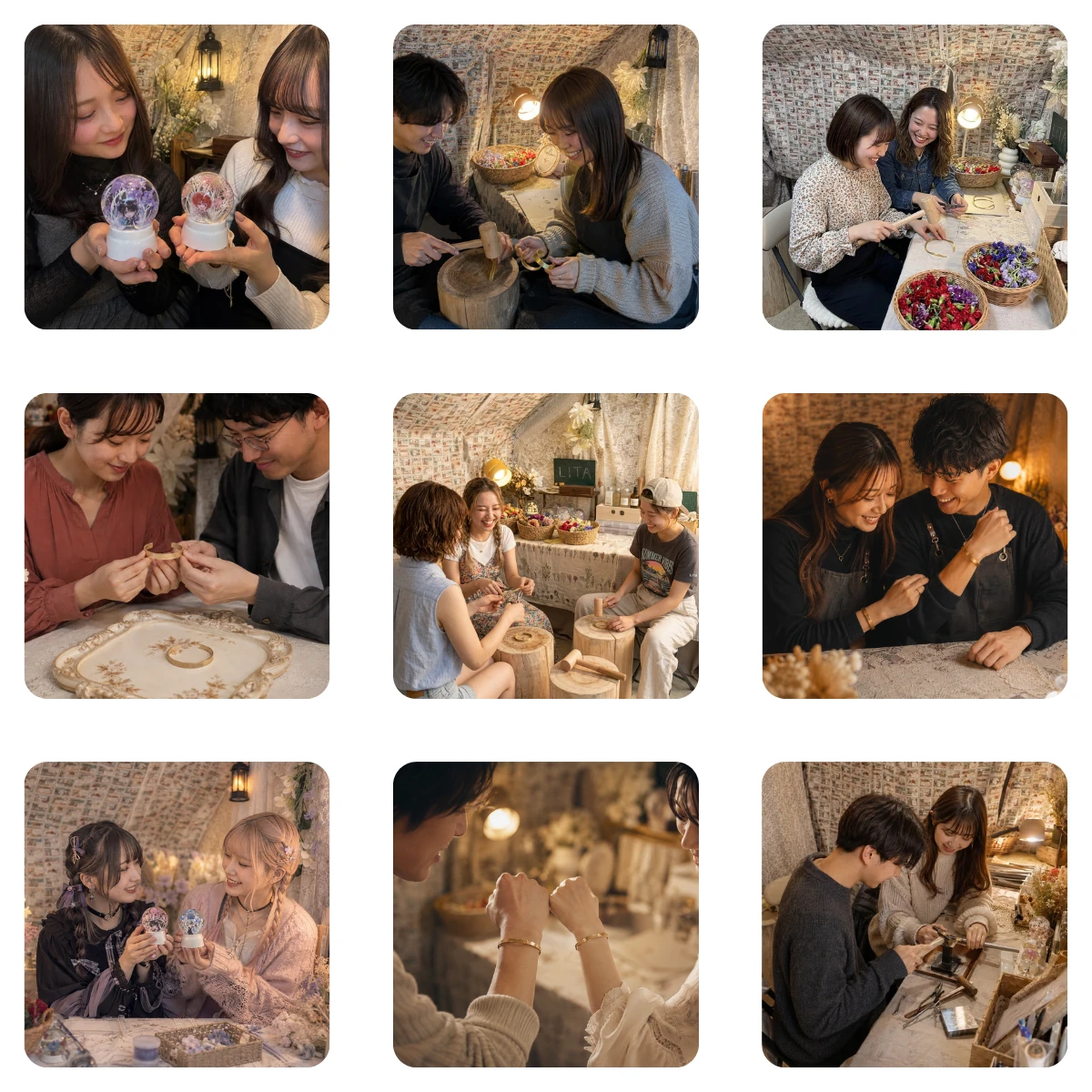 池袋手作り体験のLITAでカップルや友達がバングル作りとスノードーム作りを楽しむ様子