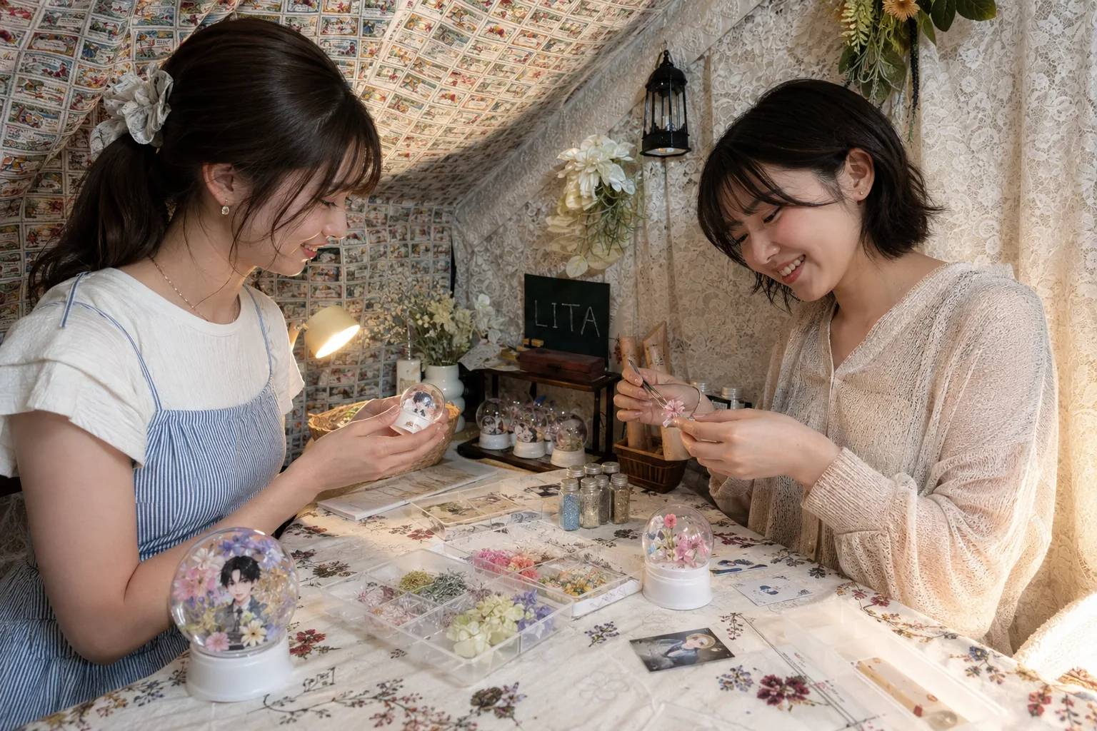 山手線沿線の推し活で池袋LITAのスノードーム作りを楽しむ友達二人