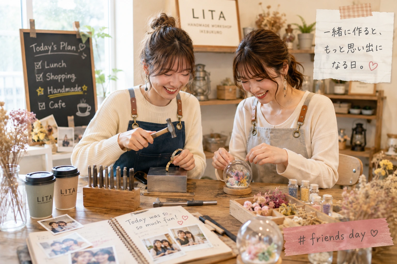 東京で友達と遊ぶ女性二人が池袋手作り体験のLITAでものづくりを楽しむ様子