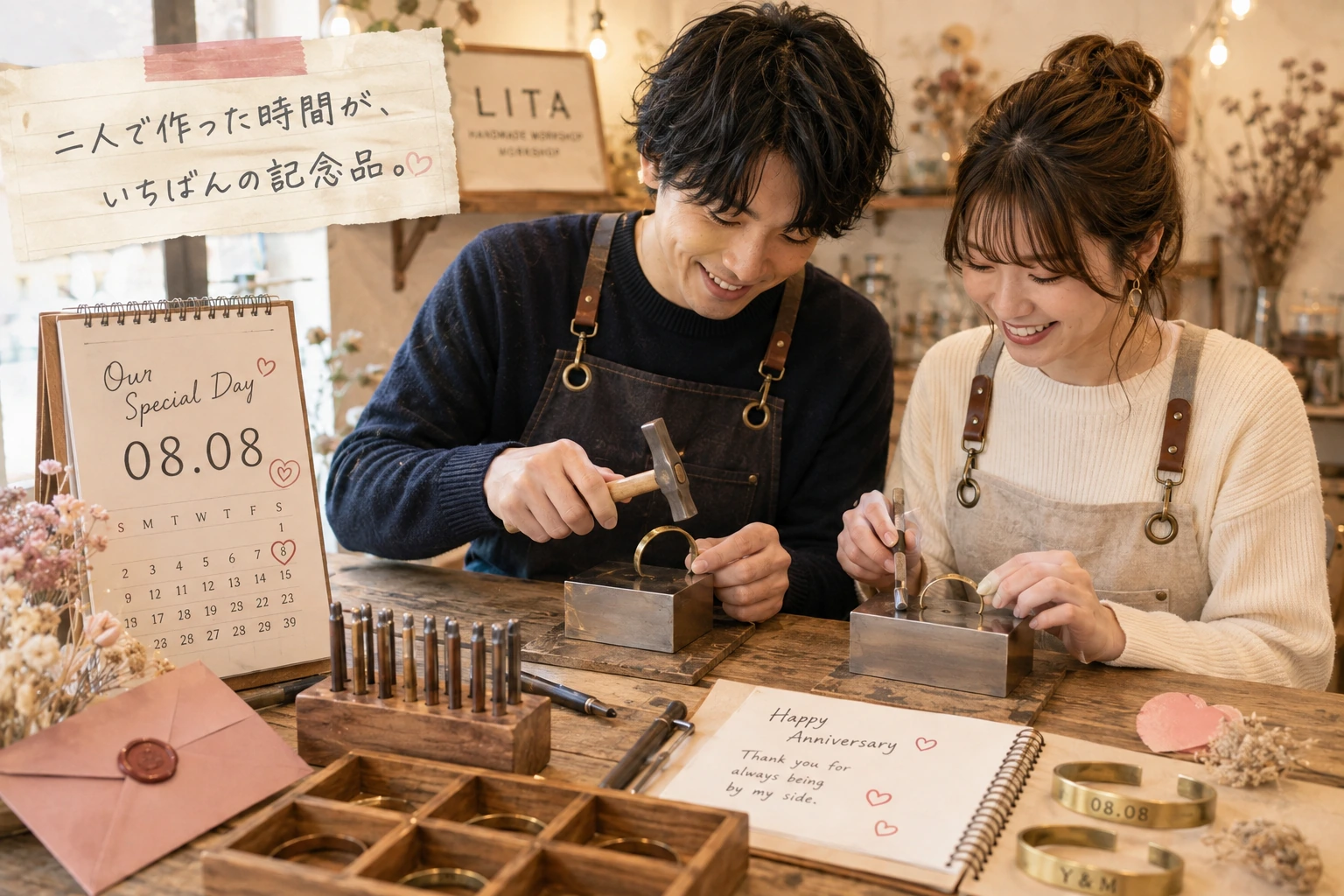 東京の記念日デートで池袋手作り体験のLITAの真鍮バングル作りを楽しむカップル
