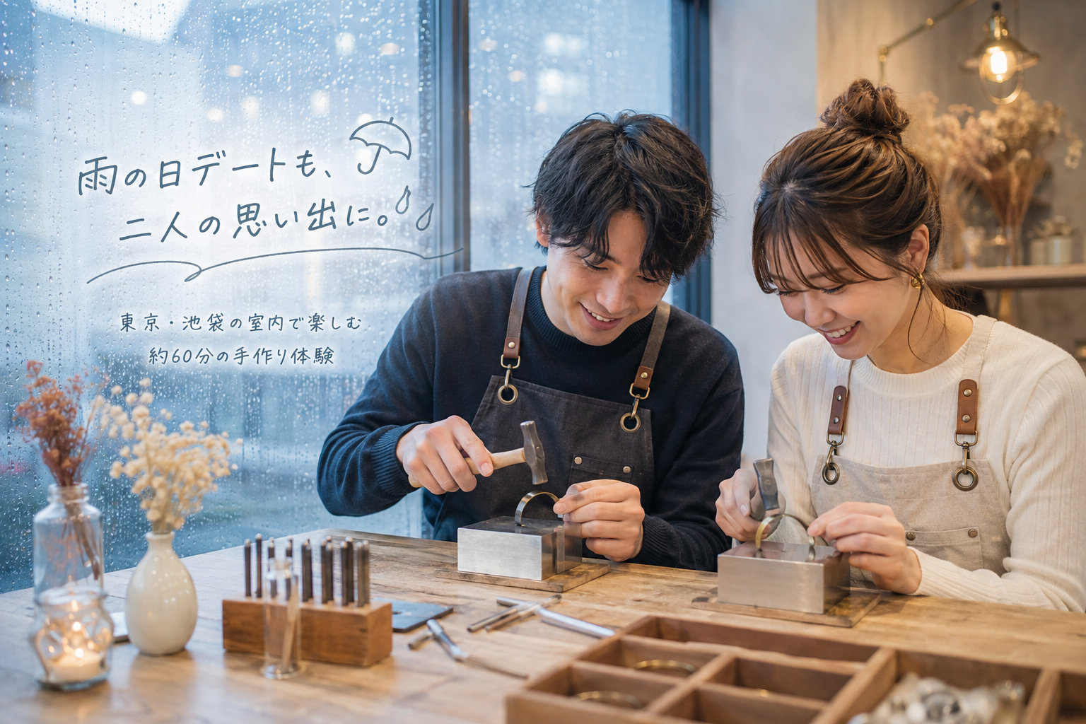 東京の雨の日デートで池袋手作り体験のLITAの室内バングル作りを楽しむカップル
