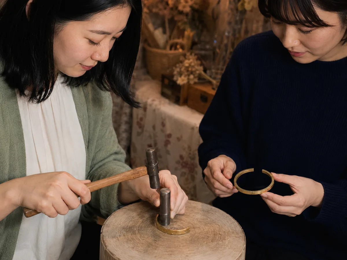 送別の思い出作りで金色の真鍮を金槌で叩くバングル制作風景