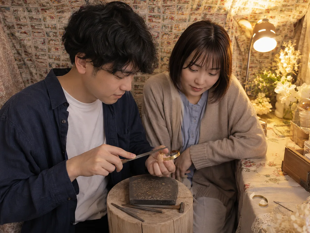 遠距離になる前に池袋の小さなアトリエで真鍮バングルを作るカップル