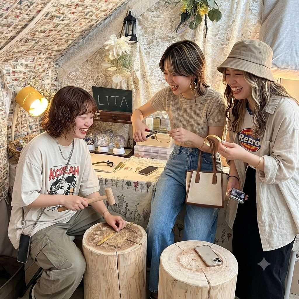 池袋手作り体験のLITAで友達同士が真鍮バングル作りを楽しむ様子